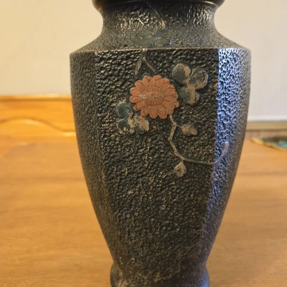 Antique Vtg Japanese Tokanabe Black Vase Hand Painted Floral Bird, 10